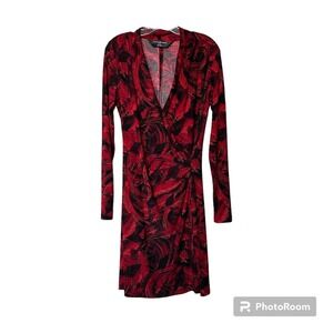 Norma Kamali Red and Black Feather Print Faux Wrap Dress Womens M Cocktail‎ Hour